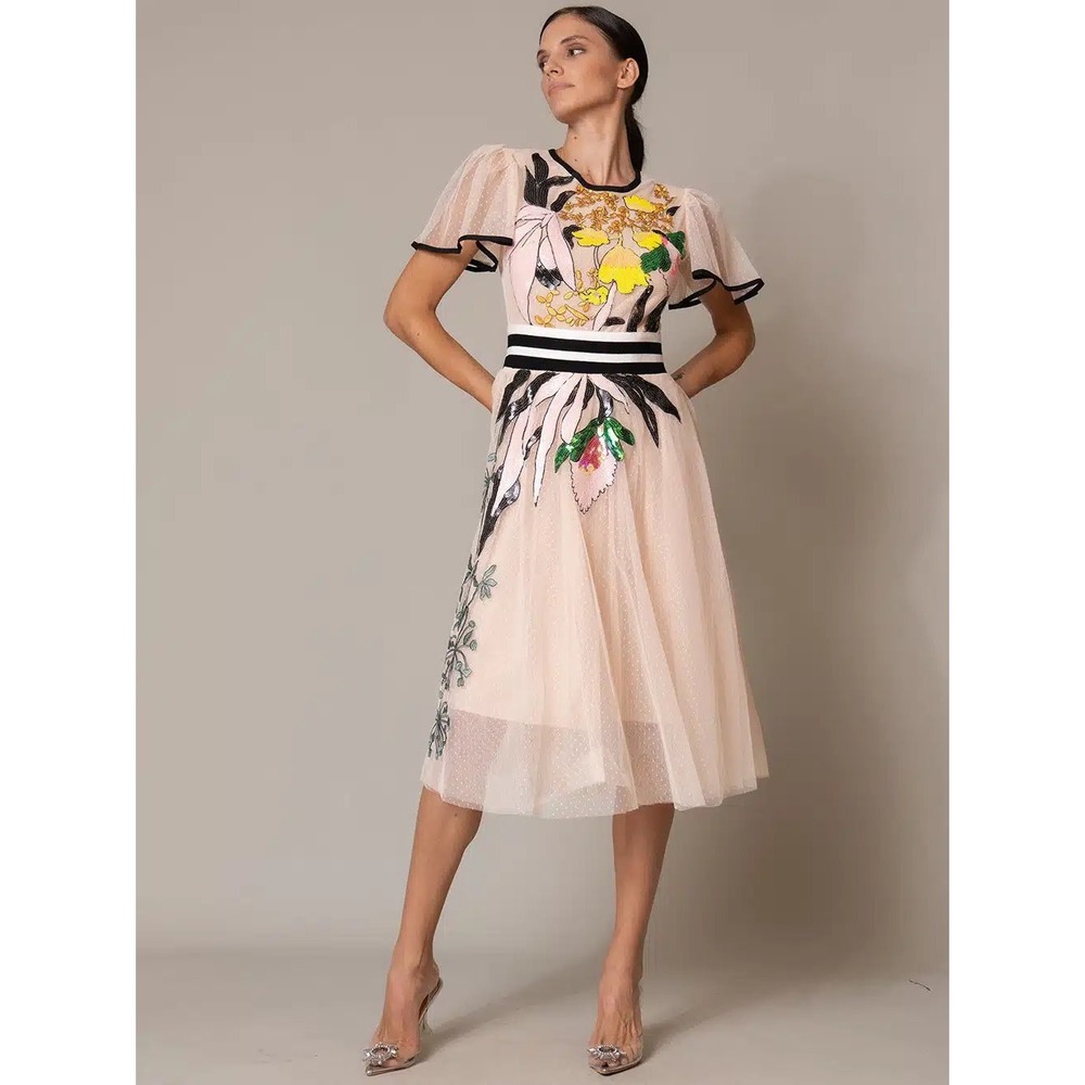 ZCrave Creme Black Tulle Sequin Floral Midi Dress Flutter Sleeve XL Runs Small